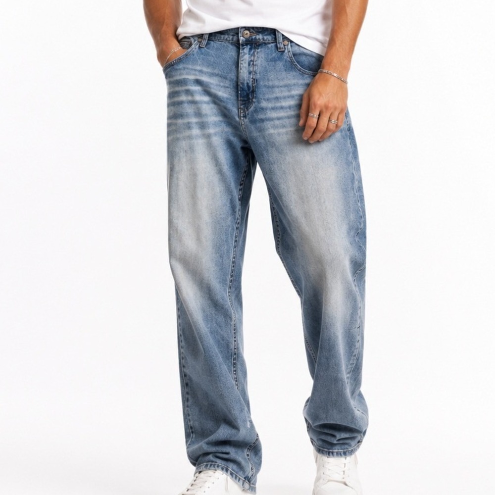 BKE Tyler Mens Straight Leg Jeans 40x30 Light Wash Stretch Denim Whiskered Blue